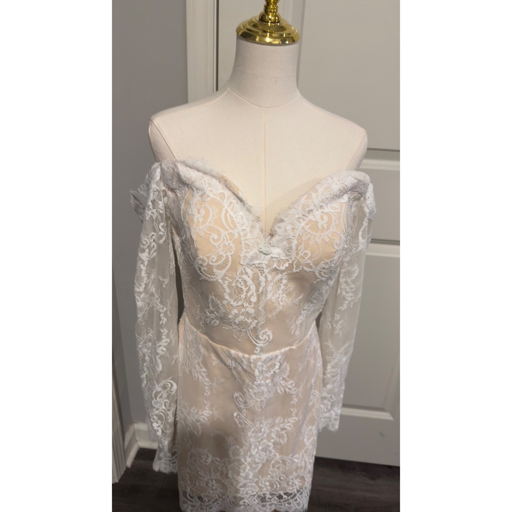 White Lace Off Shoulder Corset Back Mini Dress Gla Party Sexy Wedding Rehearsal - Picture 10 of 10